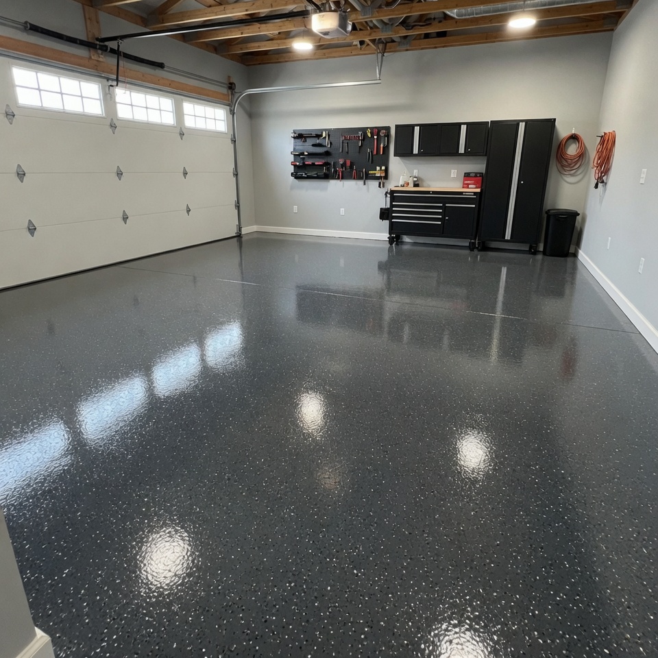Gray flake garage floor coating installed in a Savannah, GA garage